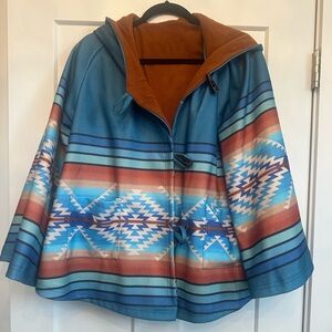 Blue Aztec Southwestern Style Blanket Coat, size large